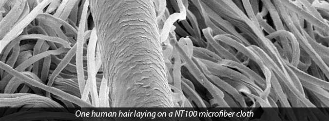 one human hair laying on a NT100 microfiber cloth