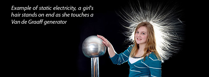 example of static electricity, a girl's hair stands on end as she touches a Van de Graaff generator